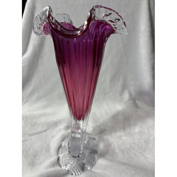 Vintage Handblown Cranberry Glass Cornucopia Vase with Ruffled Edge - Picture 2 of 10